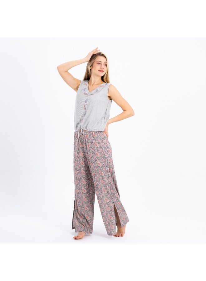 زيكوتكس  طقم بيجامة قطن مطرز بنمط تقليدي - ملابس منزلية من قطعتين بدون أكمام - قطن طبيعي خالص 100% - رمادي ميلانج - Image 3